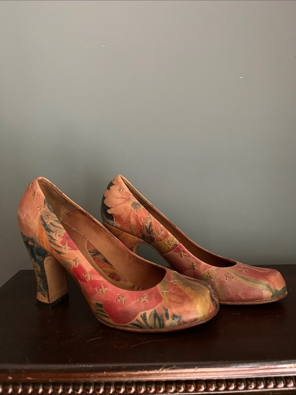 John Fluevog Multi-Color Floral Block Heel Pumps